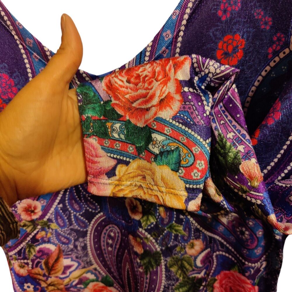 Dudalina Women's Tunic Blouse Stretch 70s Style Roses Shimmer 3/4 Sleeve M/L - Picture 6 of 10
